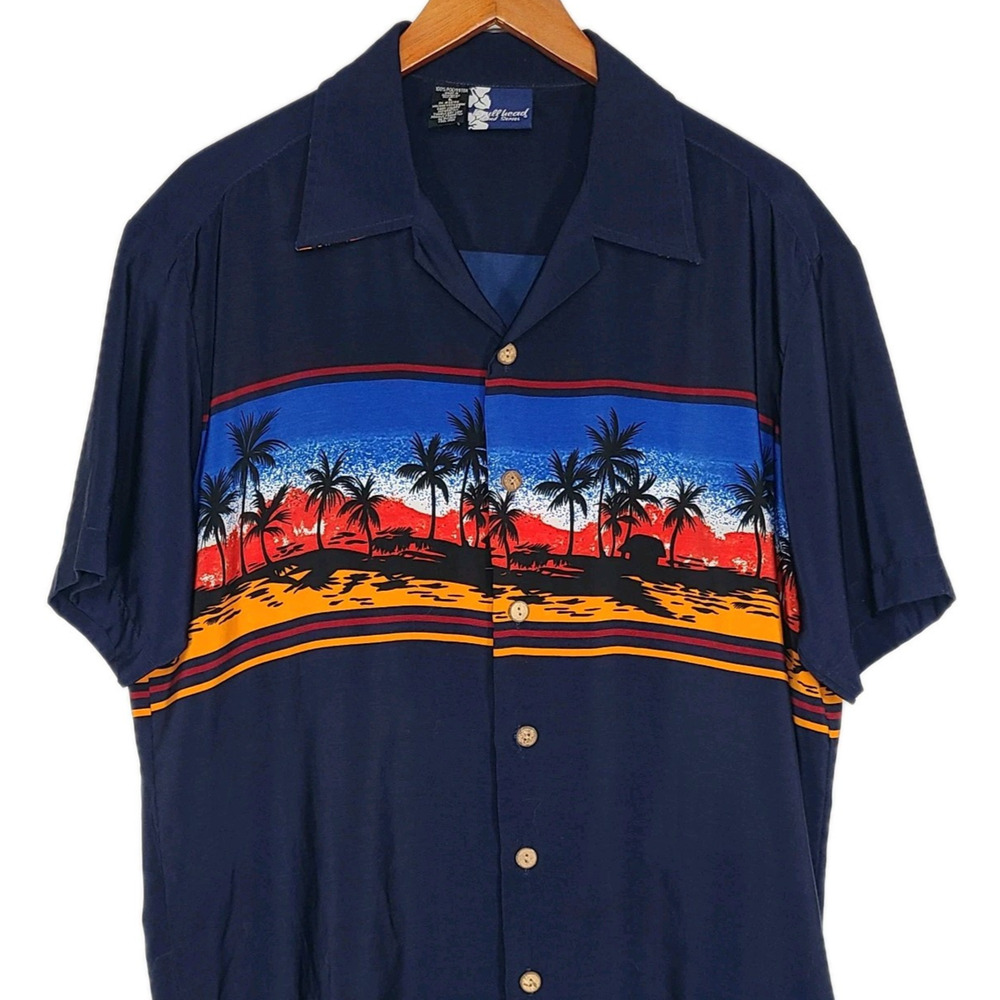 Bullhead Island Series Men's Short Sleeve Shirt Hawaiian Navy Beach Large